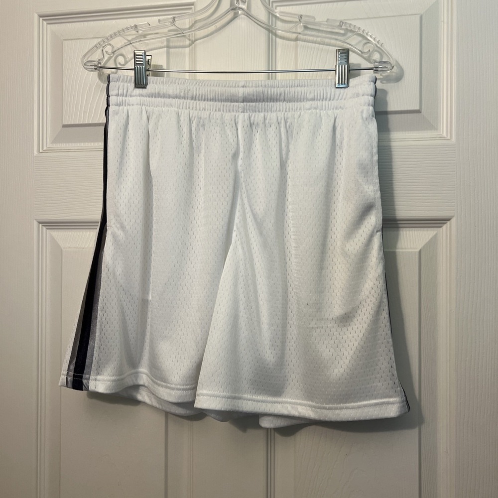 White Mesh Athletic Basketball Shorts with Side Stripe and Drawstring Waist